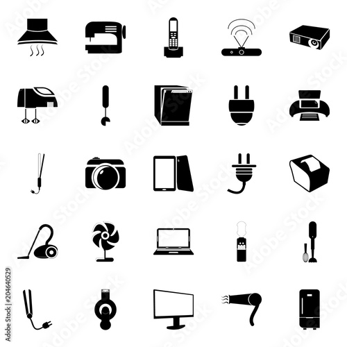 icons about Electronic with electric, water dispencer, sewing machine, number and router modem