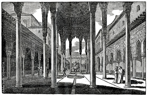 Court of the Lions in the Alhambra, Granada, Spain (from Das Heller-Magazin, September 13, 1834)