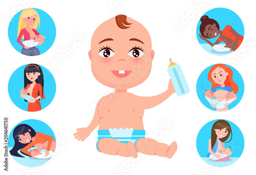 Baby with Bottle and Mothers Set Vector Illustration