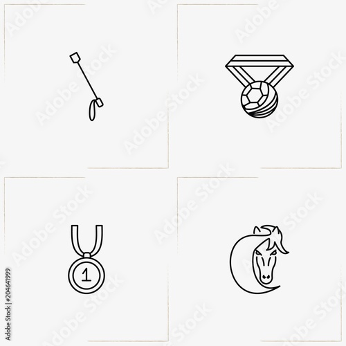 Equestrian Sport line icon set with horse, jockey stick  and medal