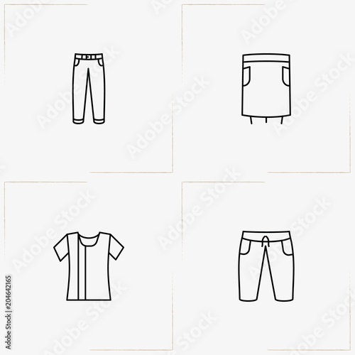 Clothes line icon set with skirt, shorts and trousers