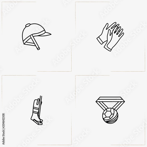 Equestrian Sport line icon set with jockey shoe , jockey helmet  and medal