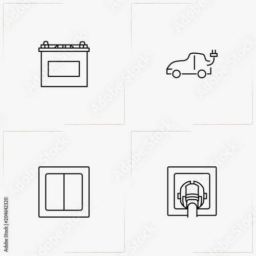 Electrocity line icon set with accumulator, electric car and light switch