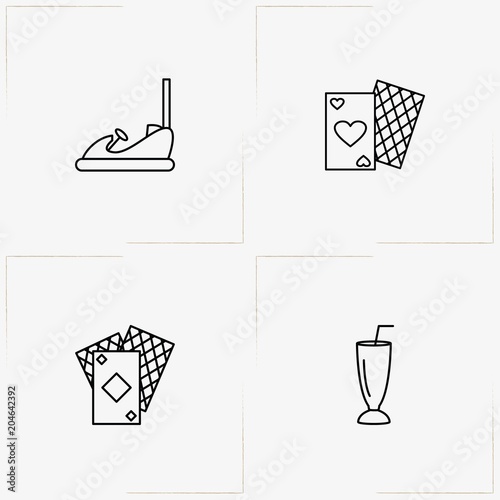 Entertaiment line icon set with game cards, cocktail glass and amusement car