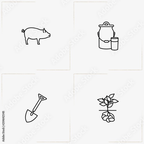 Farm line icon set with milk can , shovel and pig