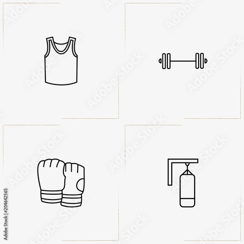 Boxing line icon set with box gloves, barbell and punching bag