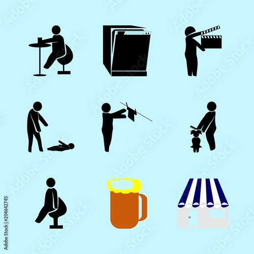 icons about Human with pub, market, dishes, beverage and hair