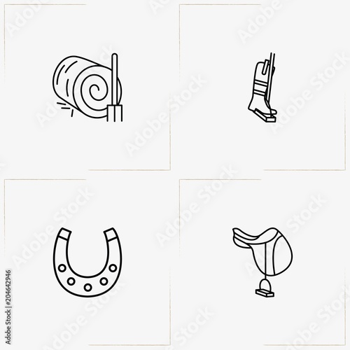Equestrian Sport line icon set with hay , jockey shoe  and horseshoe