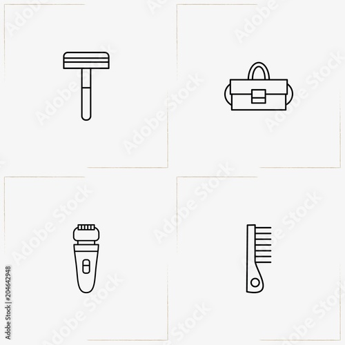 Beauty line icon set with shaver, razor and lady bag