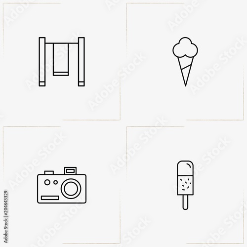 Entertaiment line icon set with ice cream, swing and photo camera