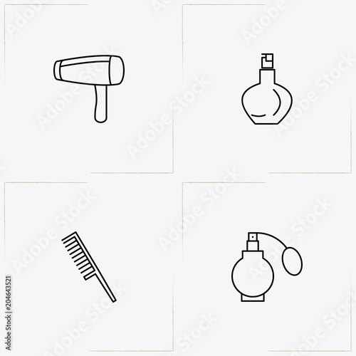 Barbershop line icon set with comb, hair dryer and perfume