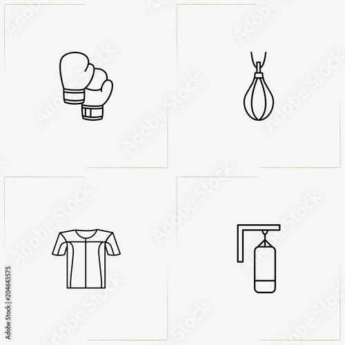 Boxing line icon set with boxing gloves, punching bag and sport shirt