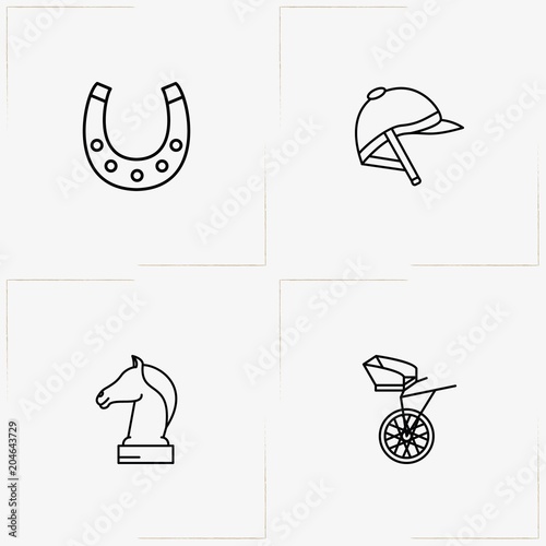 Equestrian Sport line icon set with chess horse figure , jockey helmet  and jockey carriage