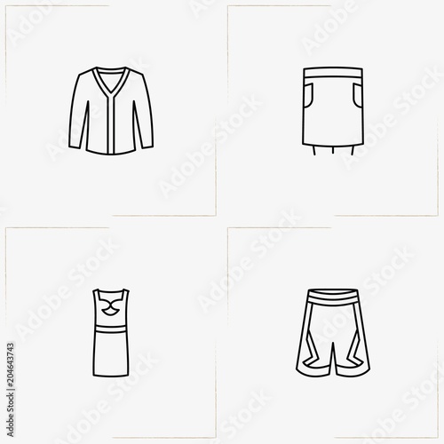 Clothes line icon set with dress, shorts and skirt