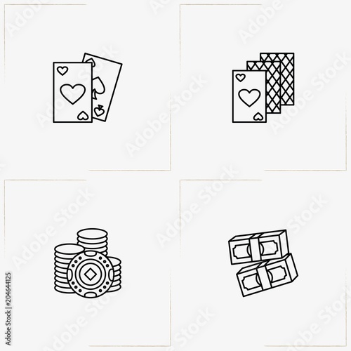 Casino line icon set with casino chips , money and game cards