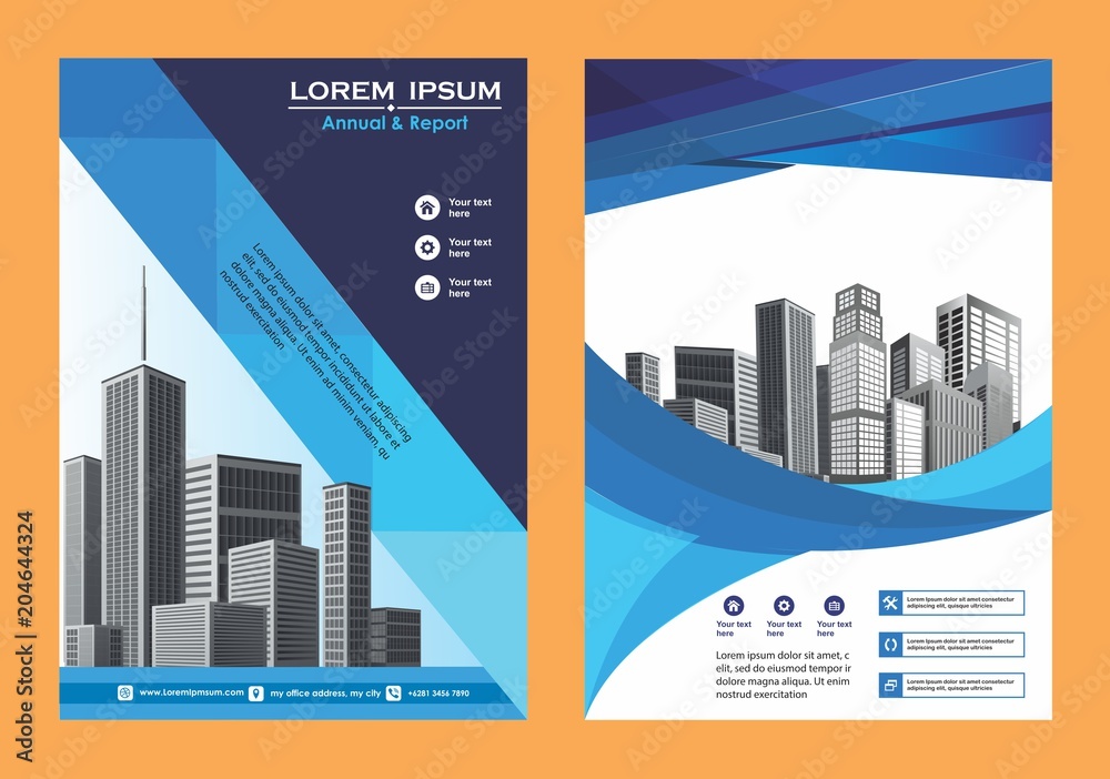 modern cover, brochure, layout for annual report with city background
