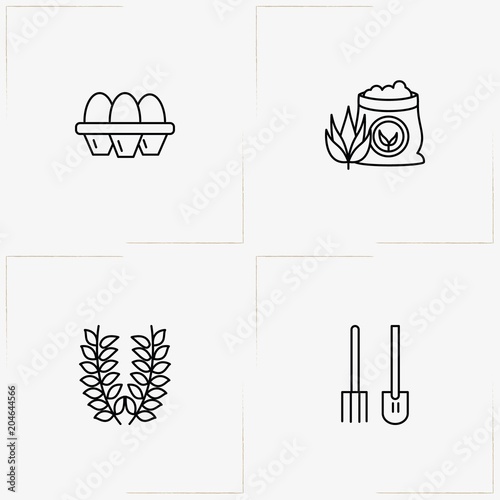 Farm line icon set with spica, millet sack  and shovel with pitchfork
