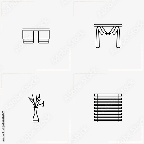 Decor line icon set with decorative plants, blinds and curtains