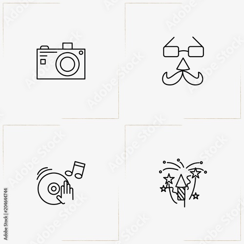 Birthday line icon set with disk jockey, firecracker and spectacle with mustache mask