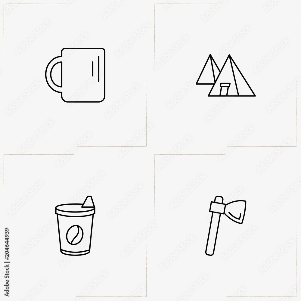 Camping line icon set with coffee cup , camping tent  and mug