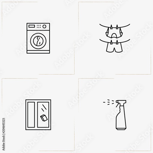 Cleaning line icon set with rag  washing machine  and clothes hanging rope