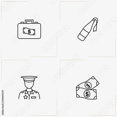 Criminal line icon set with policeman , money case and molotov cocktail