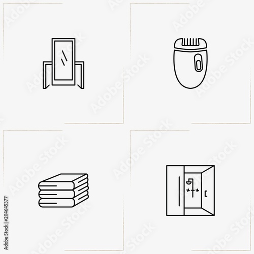 Bathroom line icon set with epilator  , bath cabin and towels