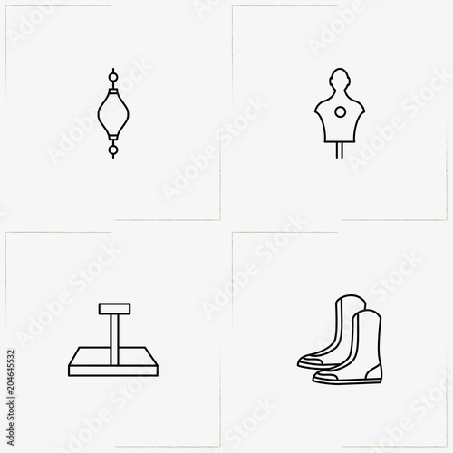 Boxing line icon set with punching bag, scales and boxing shoe