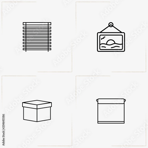 Decor line icon set with box, wall picture and blinds