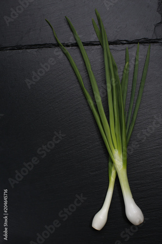 Spring onion on black slate stone