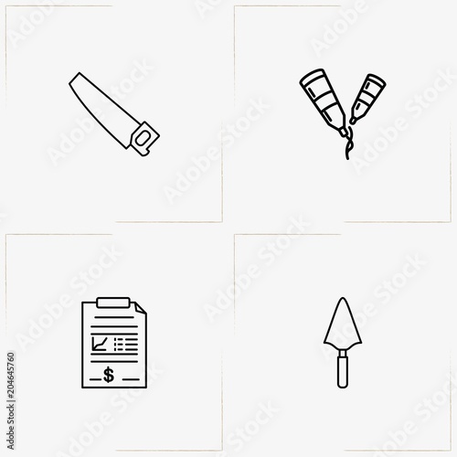 Construction line icon set with invoice, tube and trowel