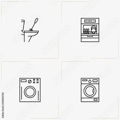 Cleaning line icon set with toilet brush , washing machine  and dishwasher