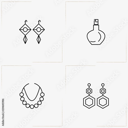 Beauty line icon set with earrings, necklace and perfume