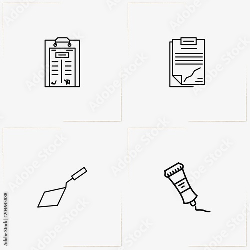 Construction line icon set with invoice, tube and trowel
