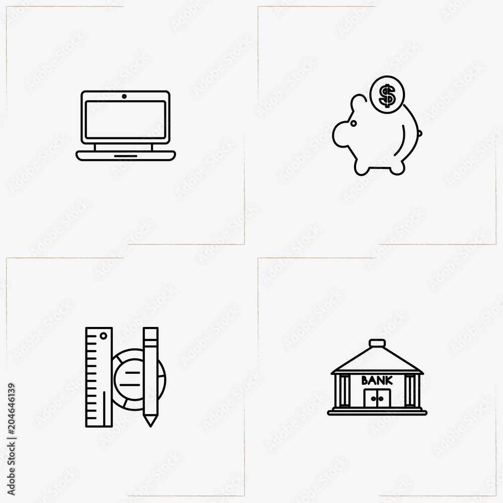 Banking line icon set with laptop, bank and ruler with pen Banking line icon set with laptop, bank and ruler with pen