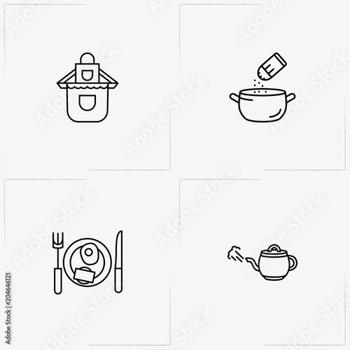 Cooking line icon set with tea pot , omelette on plate and apron