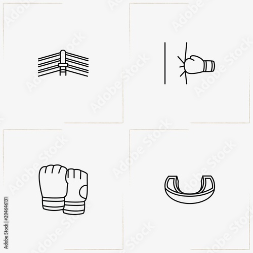 Boxing line icon set with box gloves, mouth guard and boxing ring