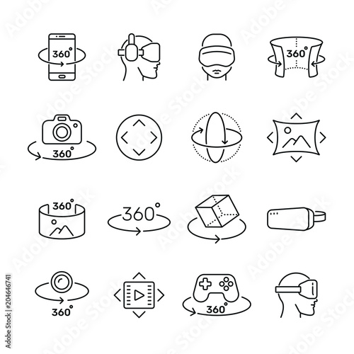 360 Degree image and video related icons: thin vector icon set, black and white kit