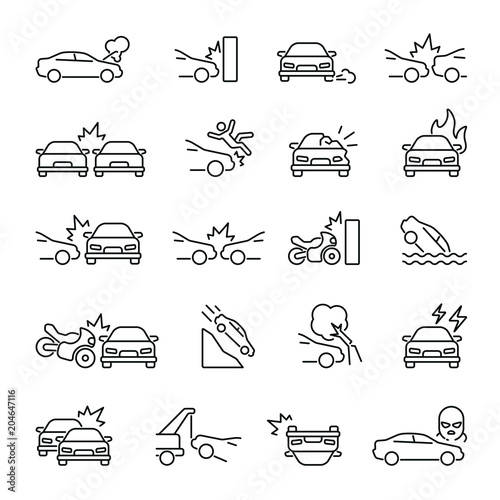 Car Accident related icons: thin vector icon set, black and white kit