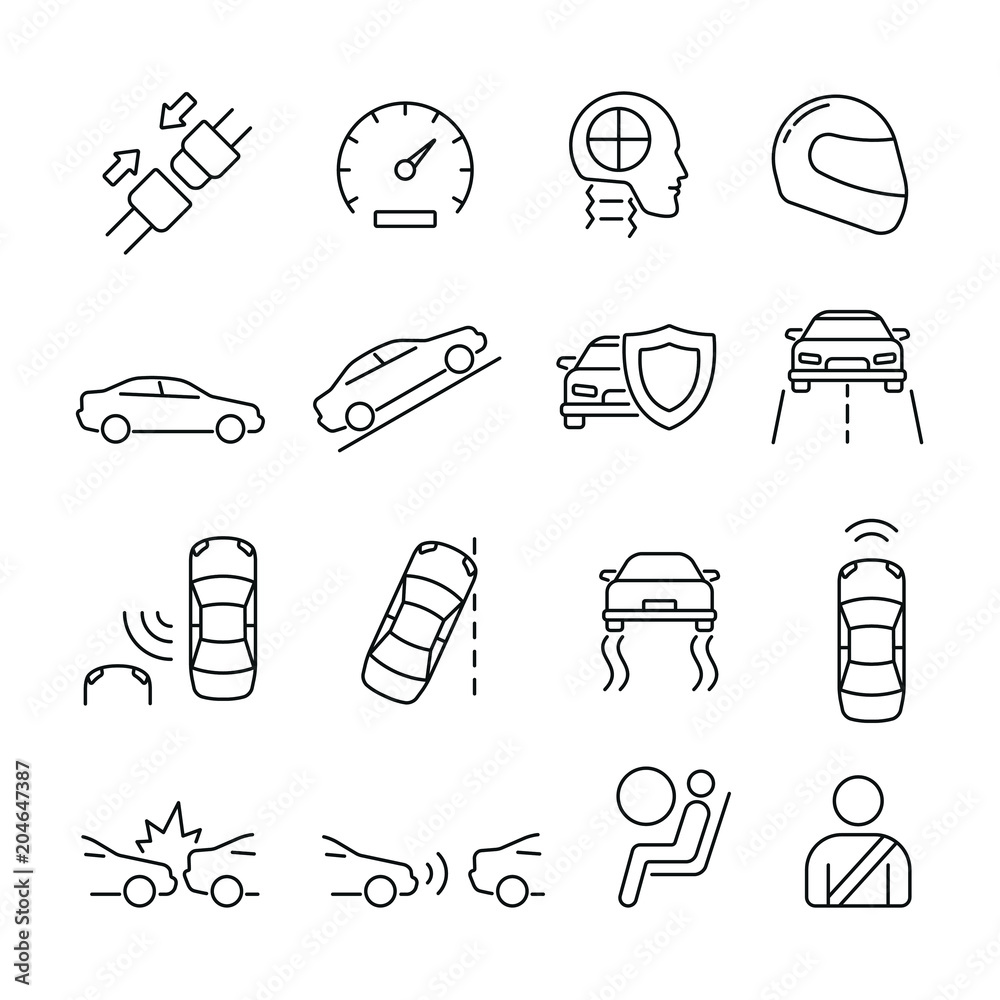 Vektorová grafika „Car safety related icons thin vector icon set