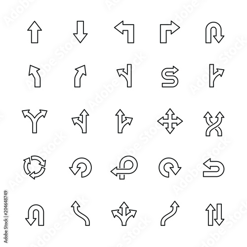 Direction icons: thin vector icon set, black and white kit