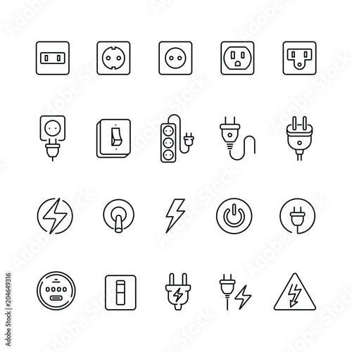 Electrical outlets and switches: thin vector icon set, black and white kit photo