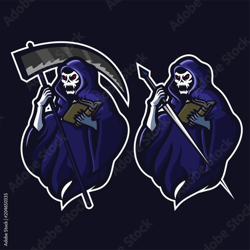 grim reaper holding scythe,sword and book esport gaming mascot logo template