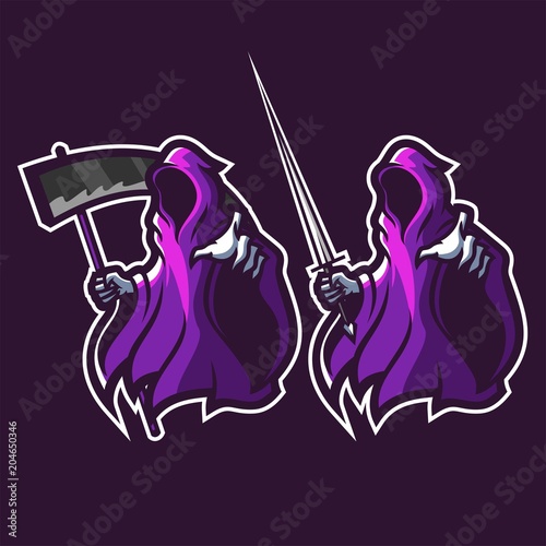 set of grim reaper holding scythe and sword esport gaming mascot logo template