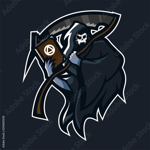 grim reaper holding scythe and book esport gaming mascot logo template