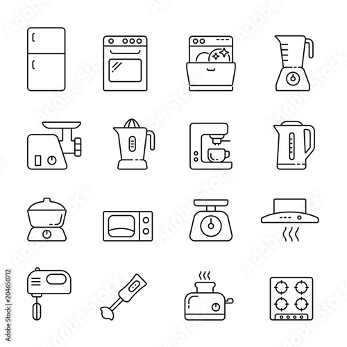 Kitchen appliances: thin vector icon set, black and white kit