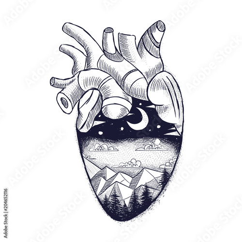 vintage retro vintage style engraving. sketch for printing on clothing and fabrics. silhouette of man's heart. a landscape of wildlife, forest and mountains, the moon and stars. vector