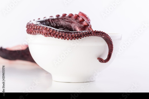 Beautiful octopus tentacle in the white bowl
