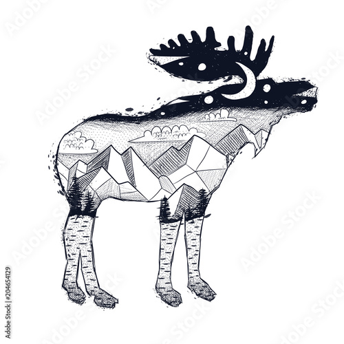 vintage retro vintage style engraving. silhouette of an elk with a landscape of wild nature. mountains, forest, night, moon and stars, deer. vector. sketch for printing on fabric and clothing