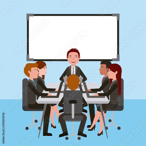 meeting business people teamwork office working sitting conference table vector illustration 